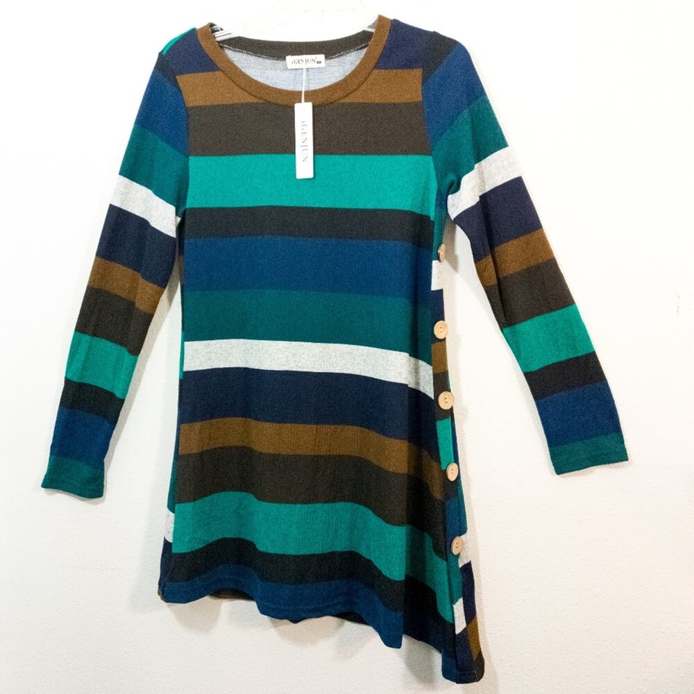 NWT Igenjun striped asymmetrical striped dress button details S